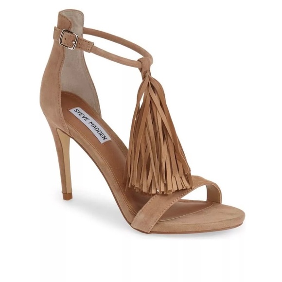 Steve Madden Sashi Taupe Tan Fringe Sandals Heels - Picture 2 of 9